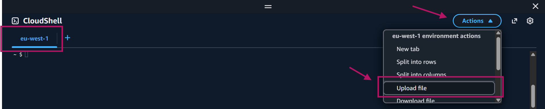 Uploading the zip file in AWS CloudShell using Actions → Upload file