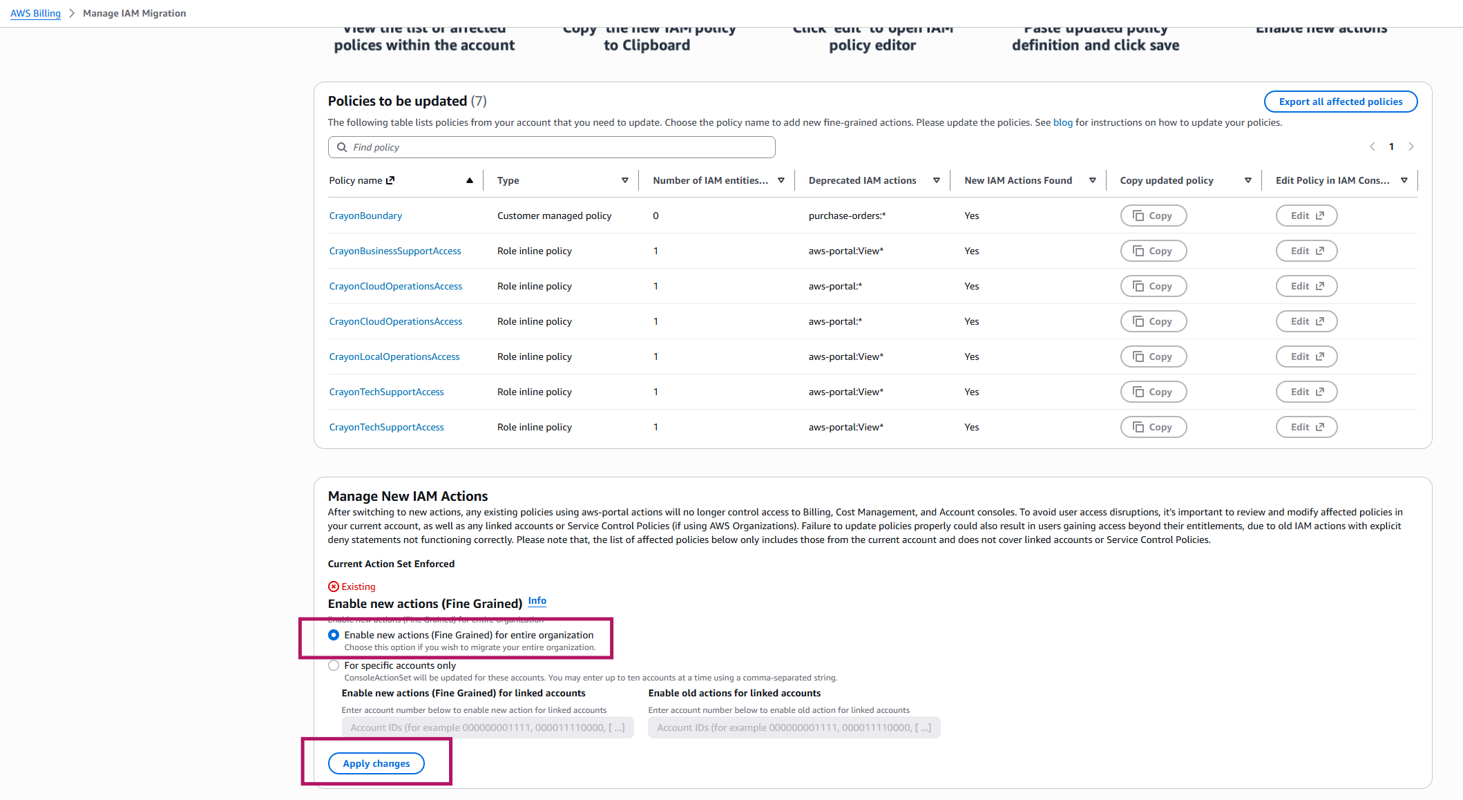 Enabling the new fine-grained action set in the AWS console