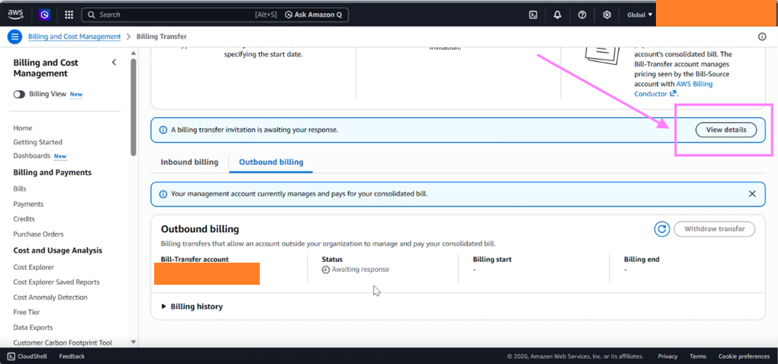 Accepting the Billing Transfer invitation in AWS Billing and Cost Management 1/2